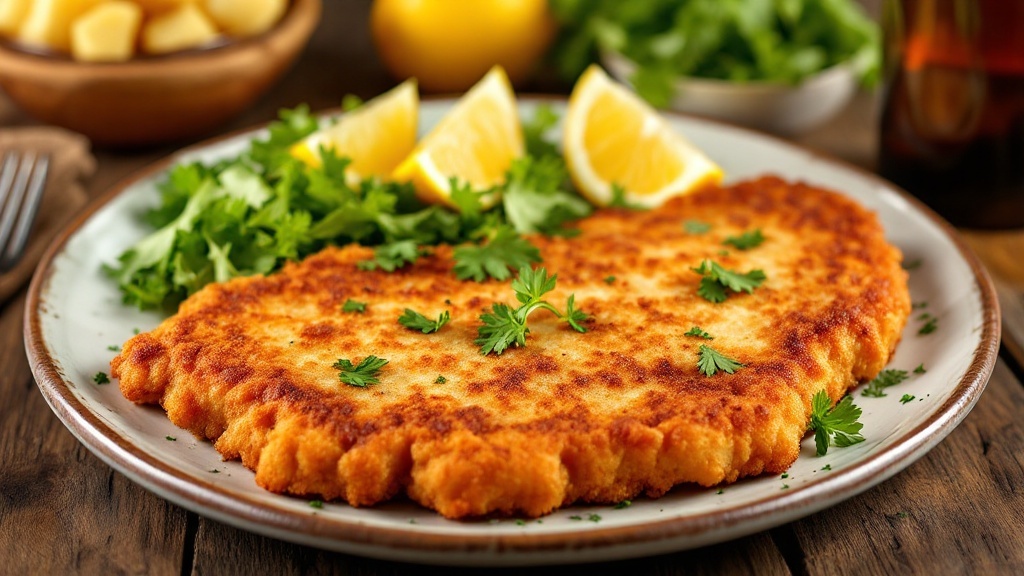 Crispy Pork Schnitzel Recipe Crispy Pork Schnitzel on a plate with parsley and lemon wedges, alongside potato salad and a green salad.